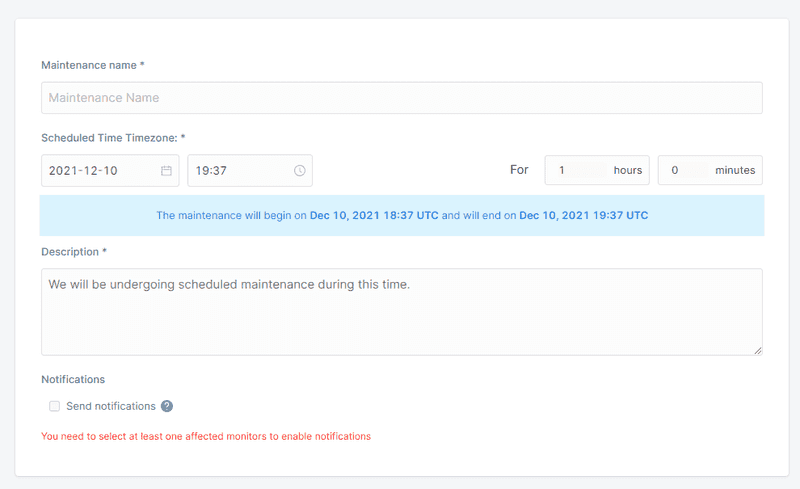 Create scheduled maintenance - scheduled maintenance - odown 