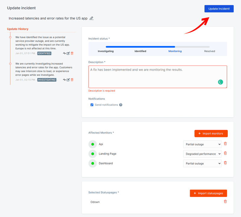 Add an incident update - odown 